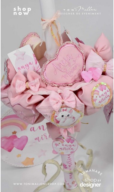 Lumanare de botez personalizata cu pisicuta inimioara brodata si curcubeu roz 4